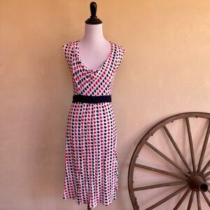 EVA FRANCO Dress White w/ Red & Blue Birds Tie at Waist Comfy Summer Easy Care 8